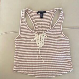 Forever 21 Beige Striped Lace-Up Tank